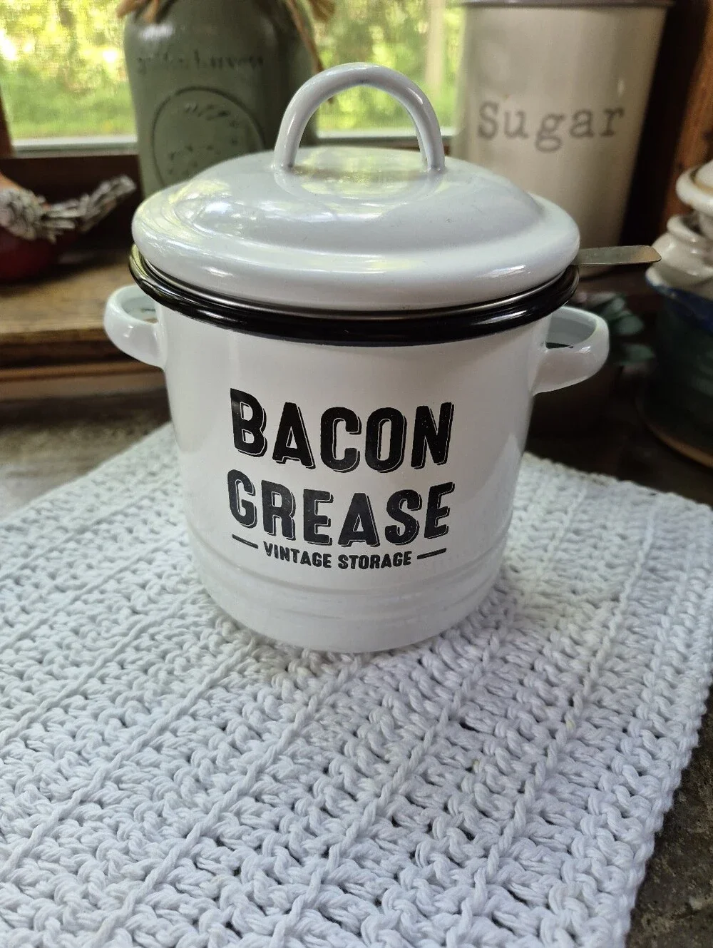 Large Enamel Bacon Grease Container With Metal Mesh Strainer And Lid